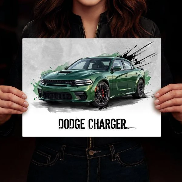 Plakat metalowy z grafika Dodge Charger SRT Hellcat